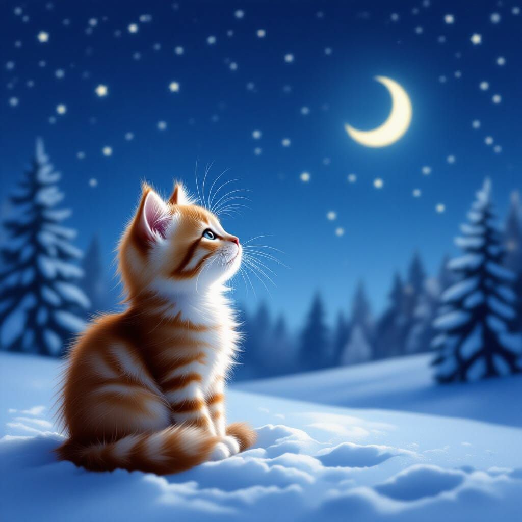 Sad Kitten Gazes at Stars on Christmas Eve