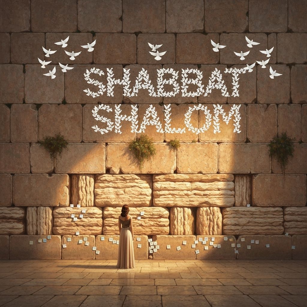 Woman at Western Wall with Doves in Golden Light