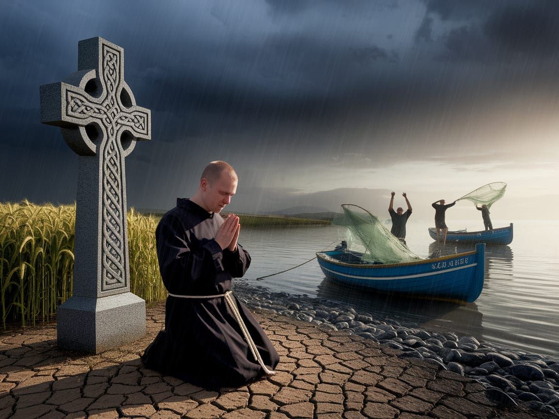 Celtic Monk's Prayer Answered Amidst Stormy Landscape