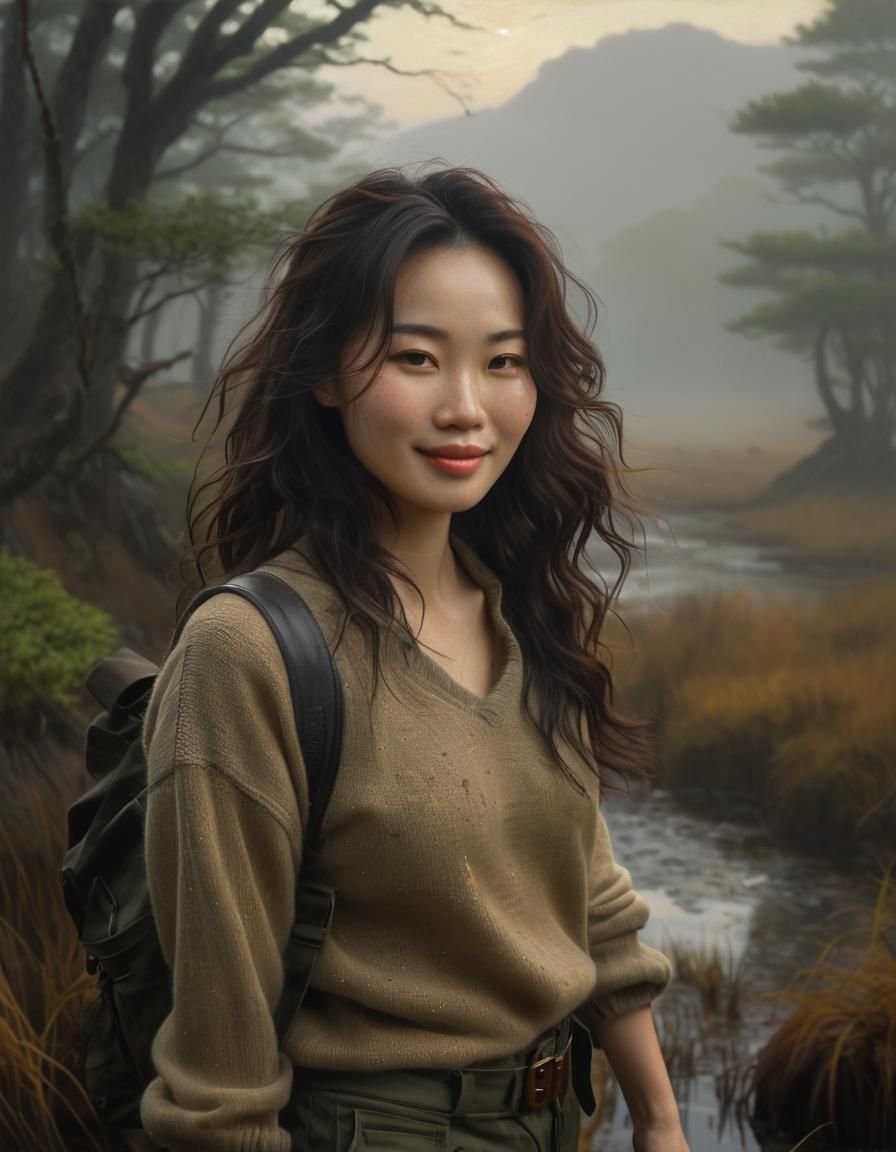 Korean Woman in Misty Moor: Baroque Oil Portrait