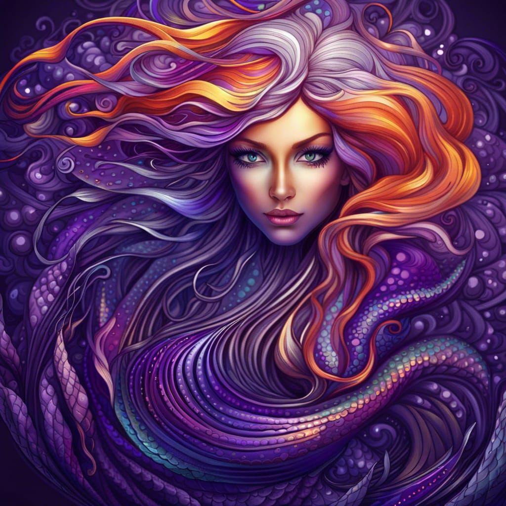 Mystical Evil Mermaid with Silver Hair, Detailed 3D Shading