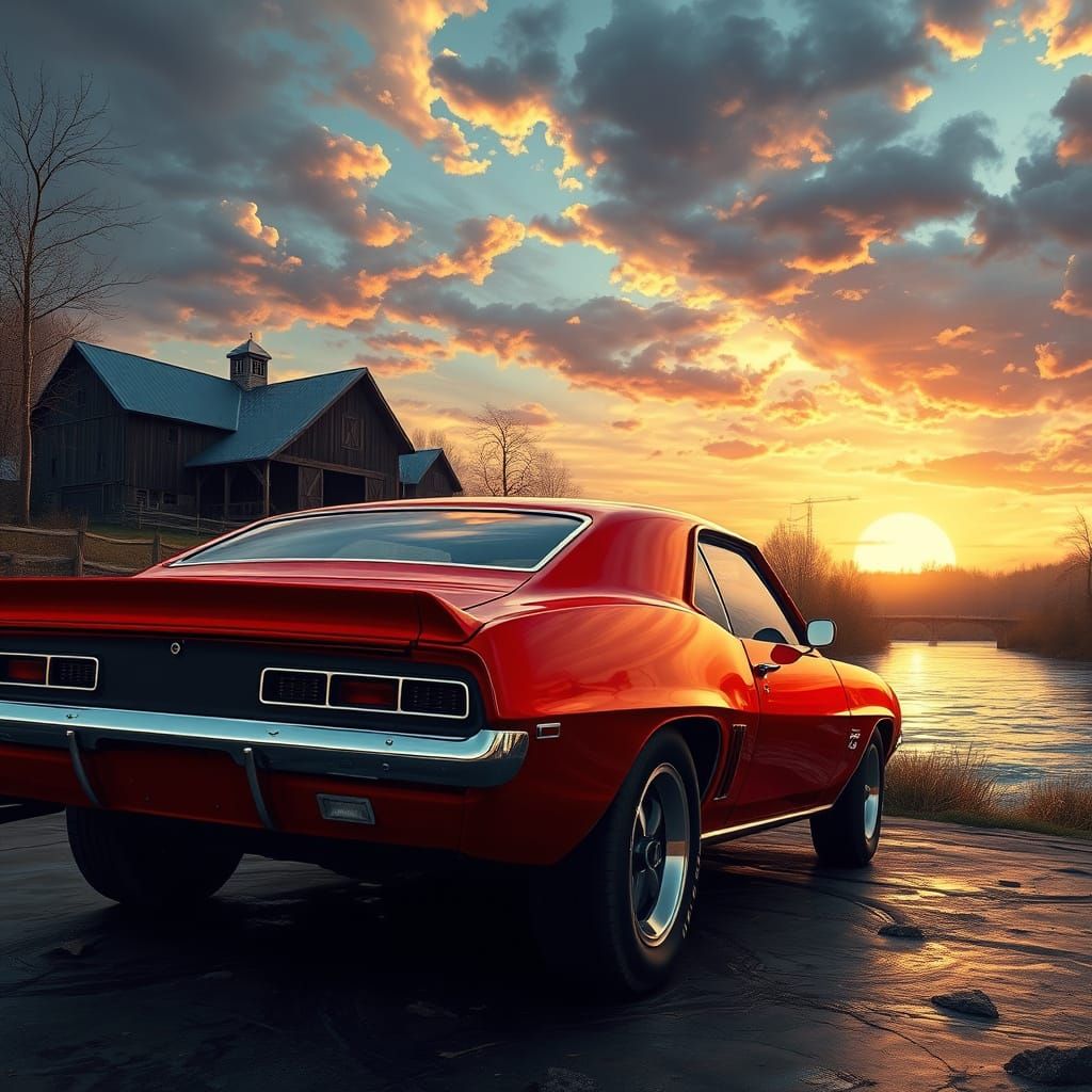 Vintage Camaro Embarks on Sunset Riverbank Sojourn with Anci...