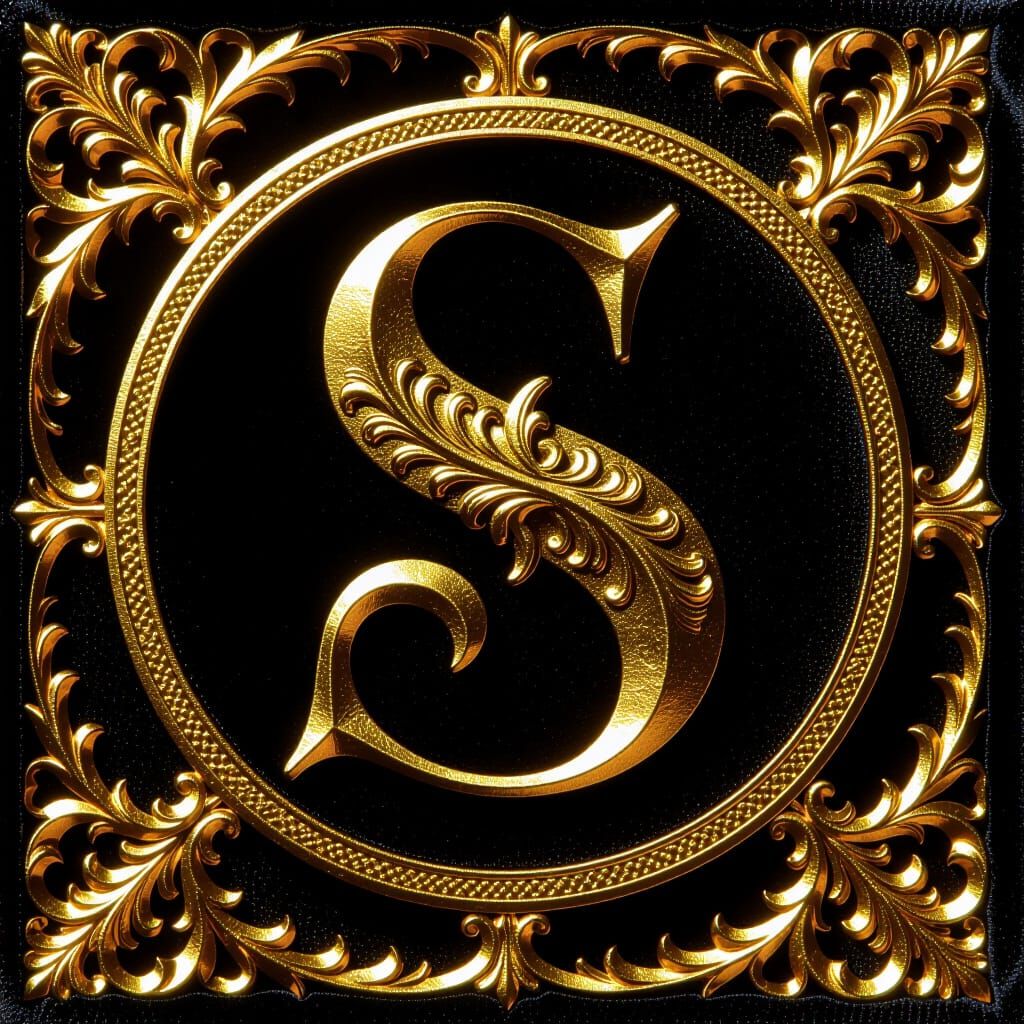 Golden Gothic Letter S on Black Velvet