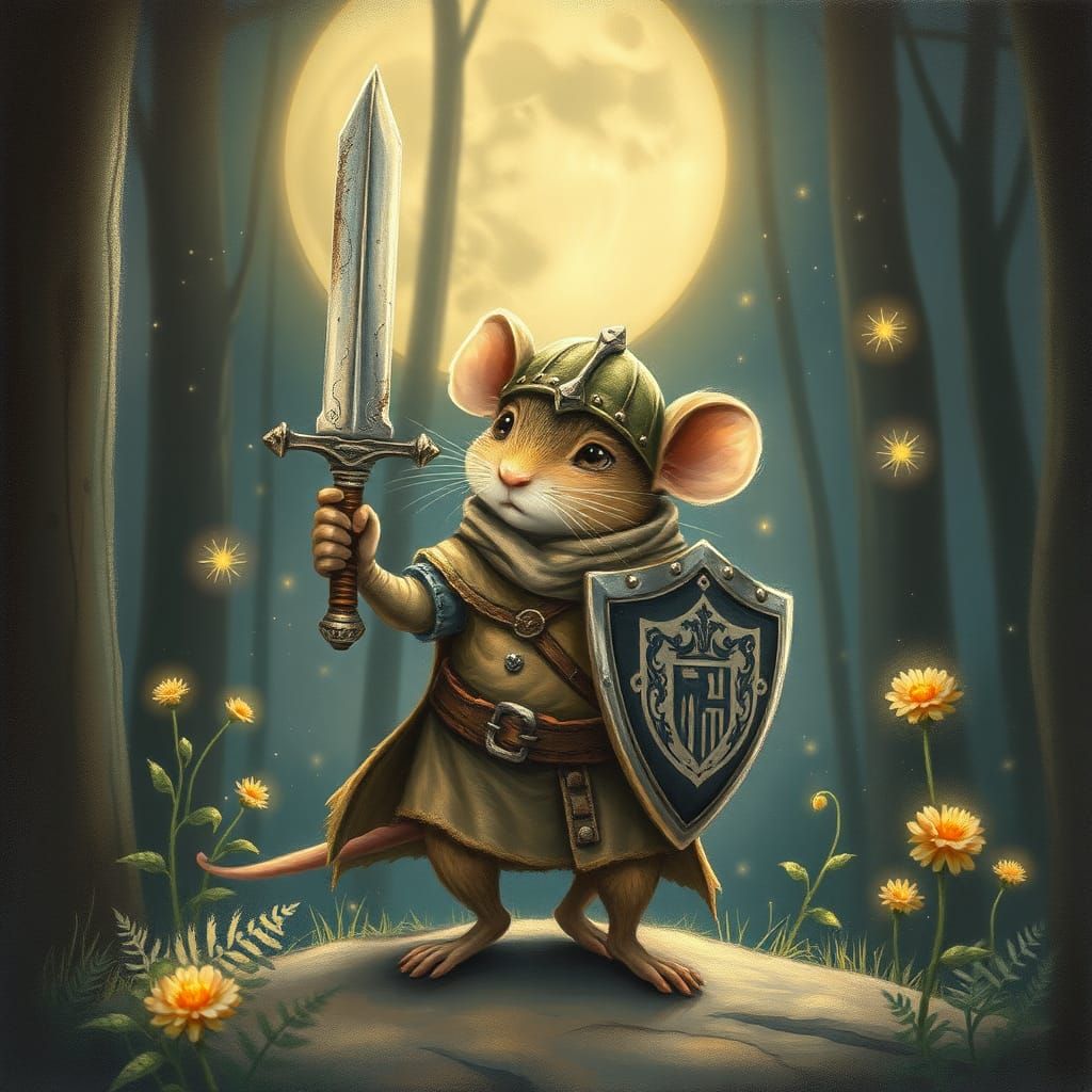 Dreamy Mouse Knight in Moonlit Forest Glade