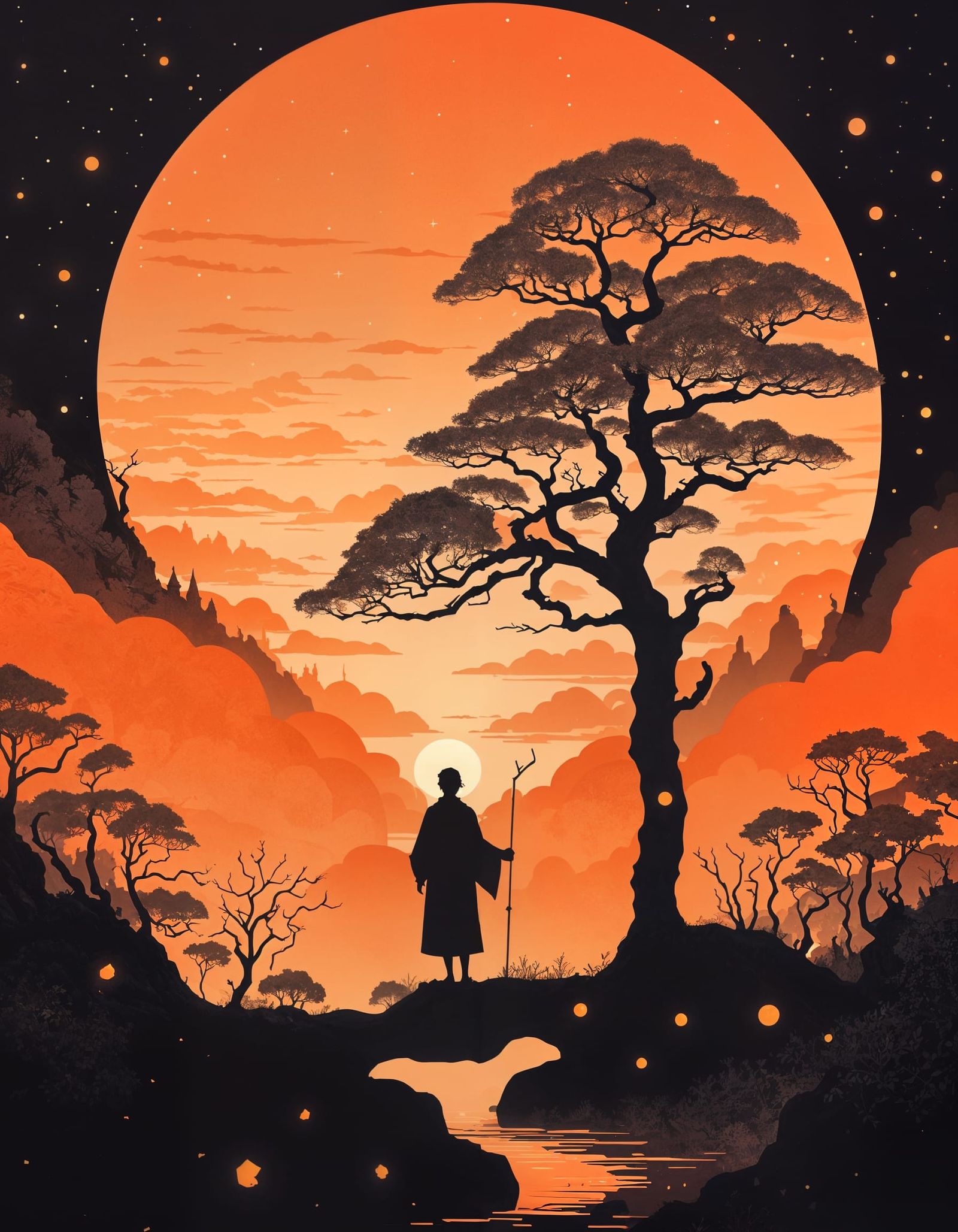 Mystical Forest Figure in Vibrant Orange Sunset