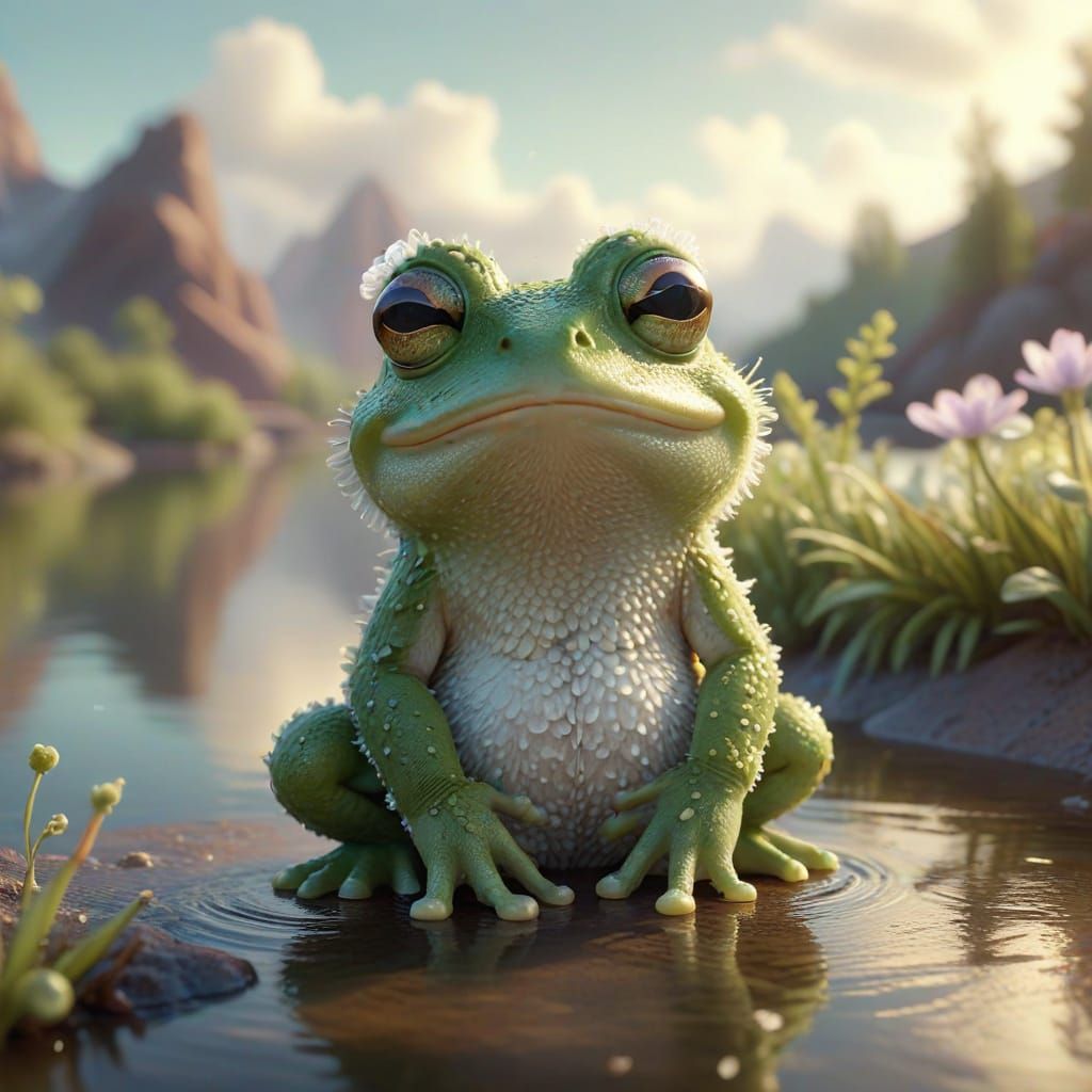 Fluffy Baby Frog Lina in Salt by Lake, Whimsical 3D Cartoon