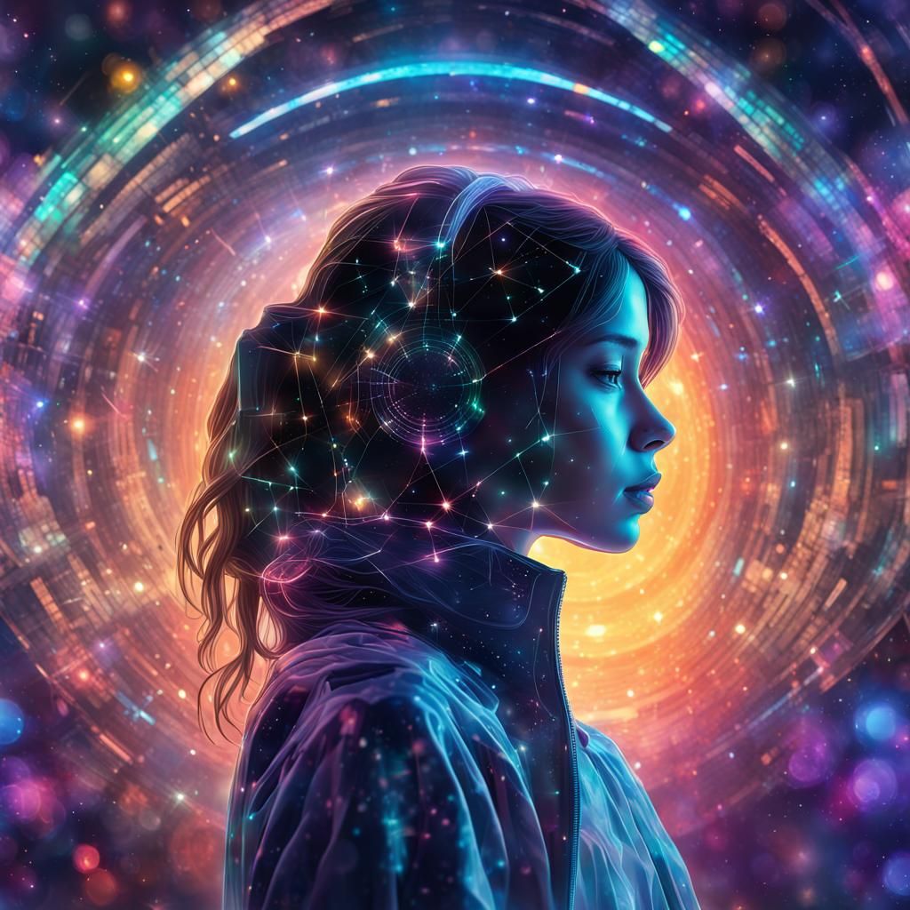 Holographic Girl on Spaceship in Pablo Amaringo Style