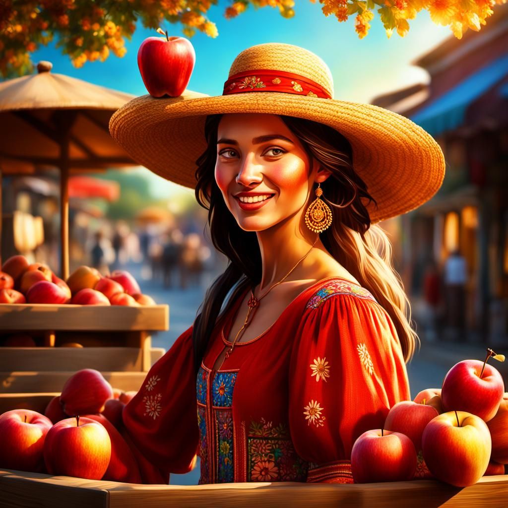 Cheerful Girl Sells Apples: Fantasy Realism Portrait