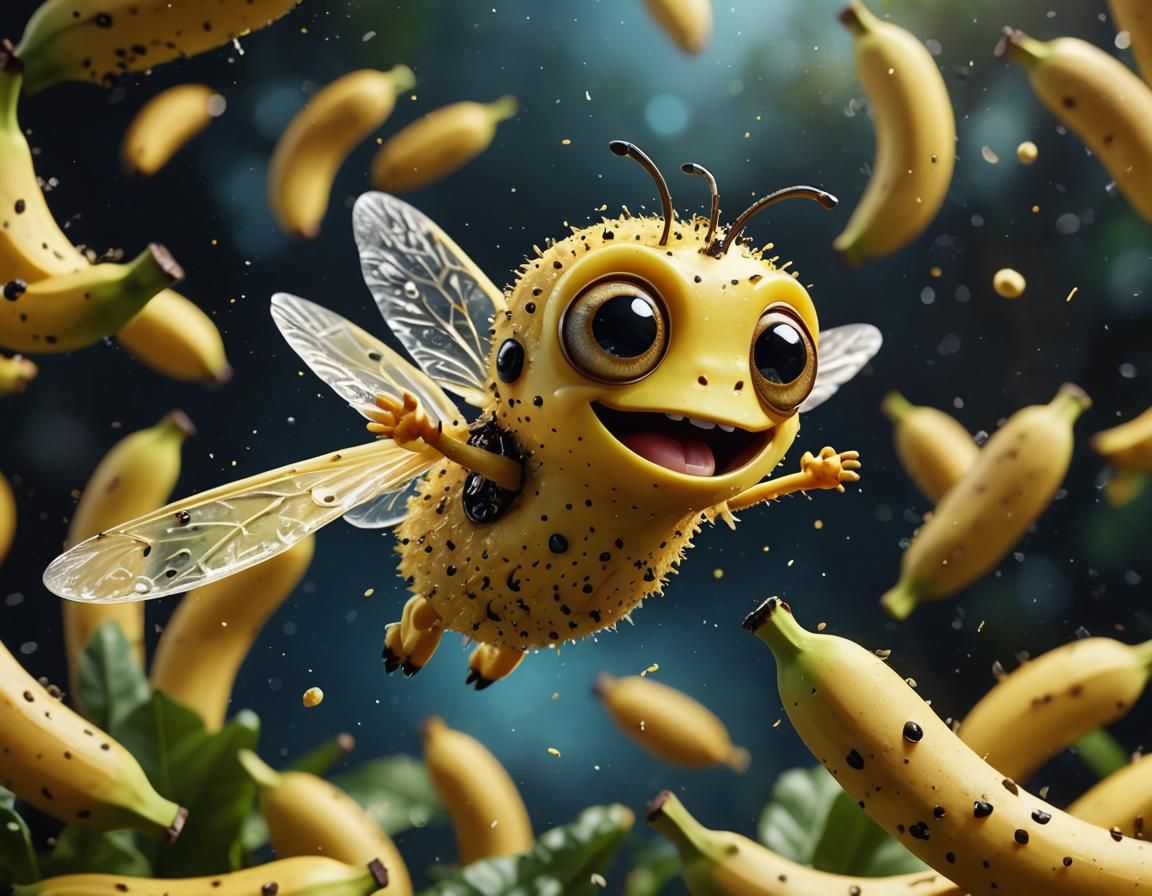 Smiling Banana Flies on Half-Peeled Banana, Macro Lens