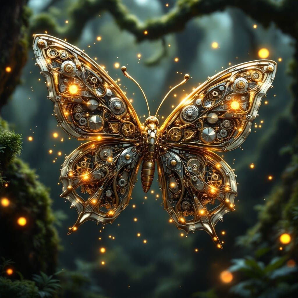 Mechanical Butterfly Takes Flight in Enchanted Twilight Fore...