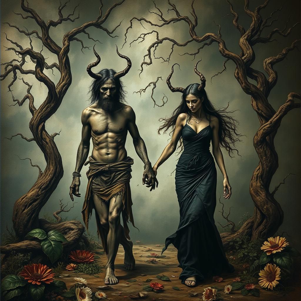 Ominous Adam and Eve in Surreal Eden Garden
