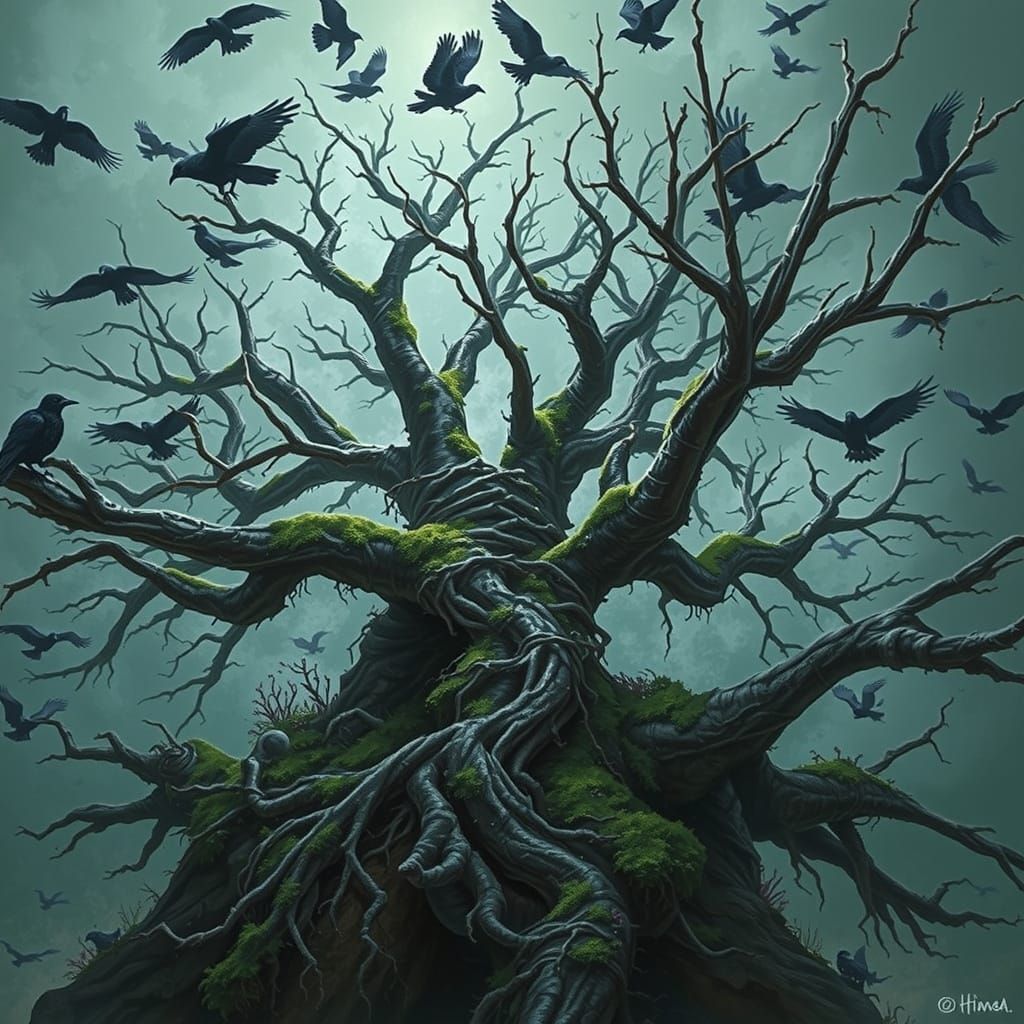 Ancient Tree Ascends Teal Stormy Sky