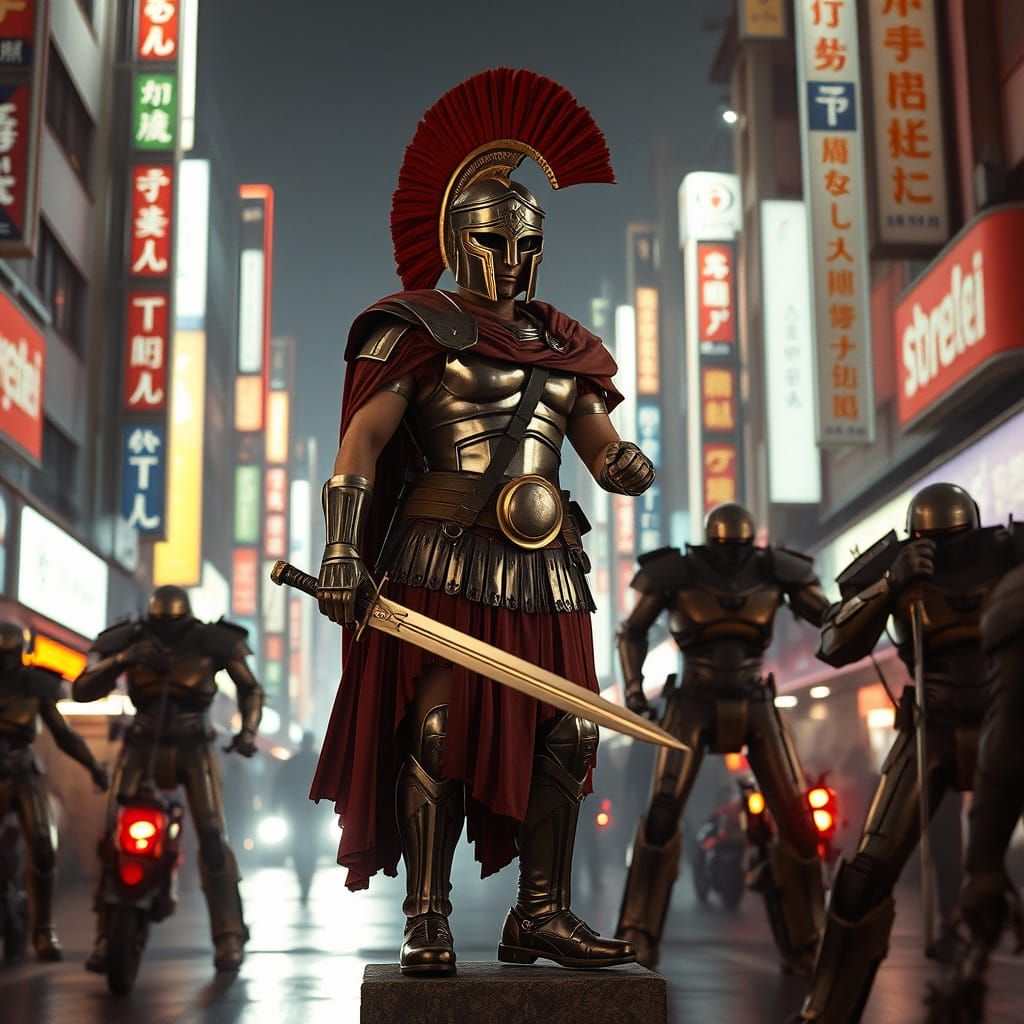Roman Centurion Battles Robots in Cyberpunk Neo-Tokyo