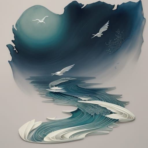 Origami Crane on Water: Watercolor Japanese Art Style