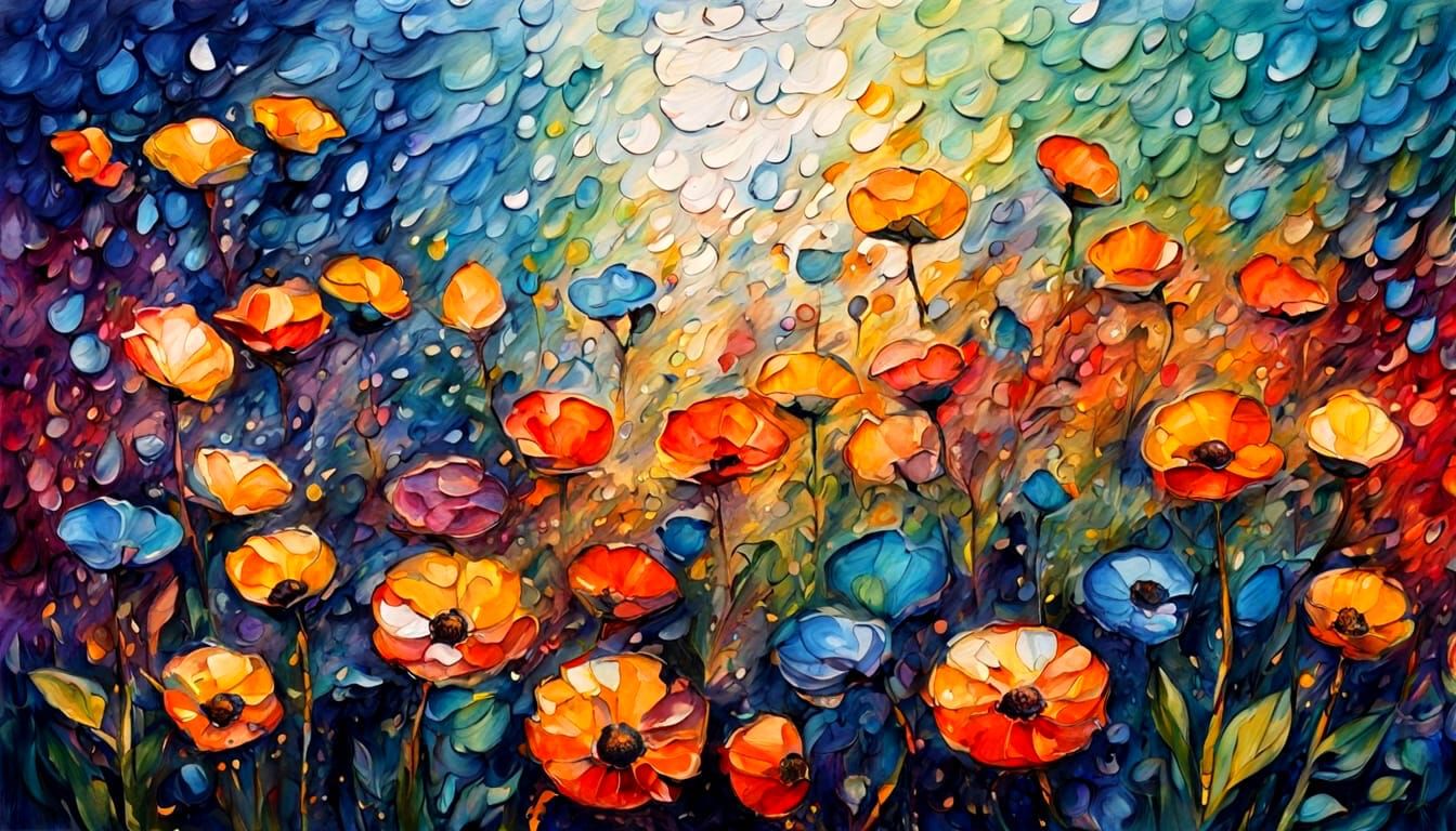 Watercolor ink stained-glass flowers in rain