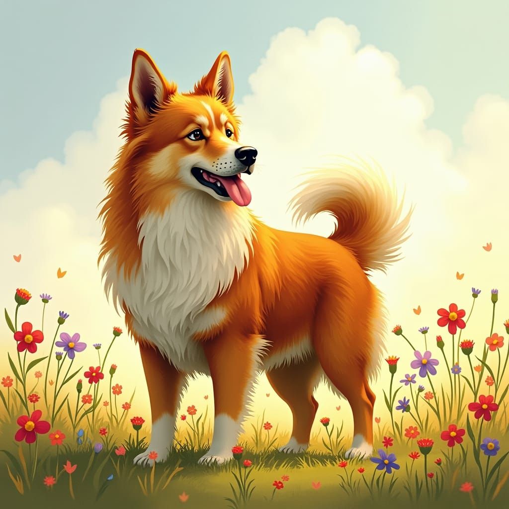 Majestic Dog in Meadow, Whimsical Illustration