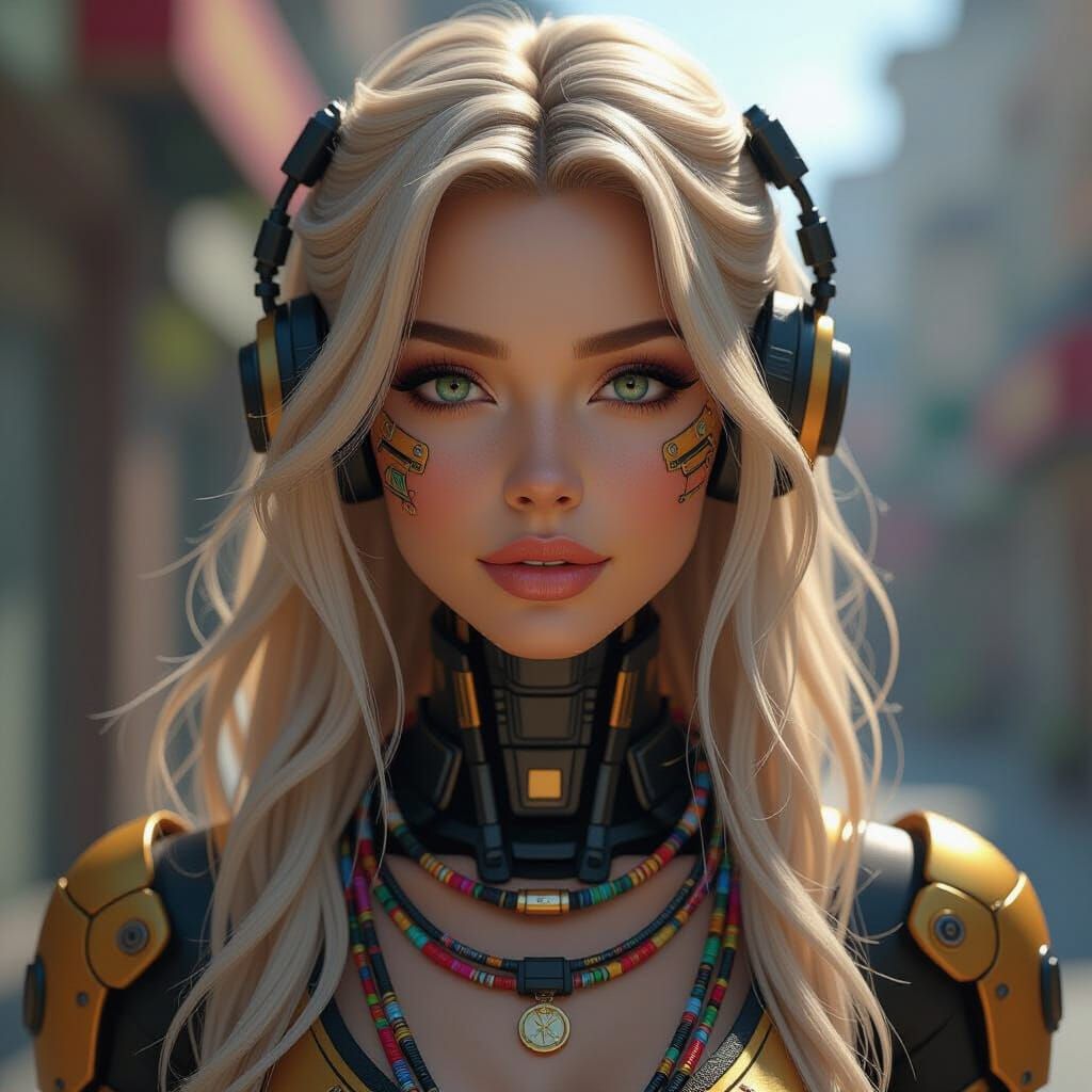 Golden-Haired Cyborg Woman with Colorful Adornments