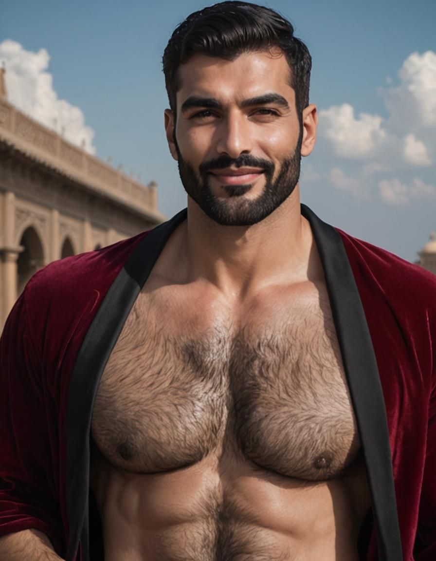 Hirsute Man in Red Velvet Robe: Impasto Oil Painting