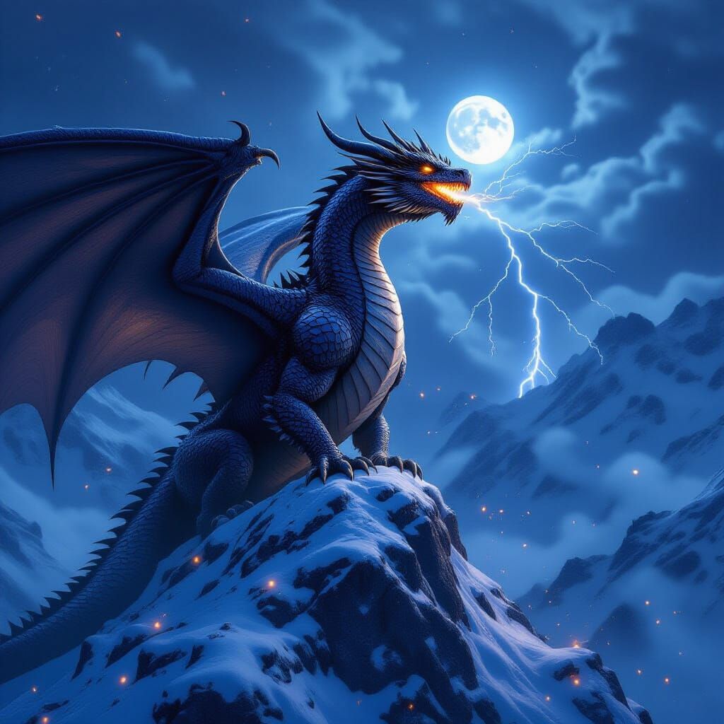 Ancient Dragon on Snowy Peak Under Stormy Twilight Sky
