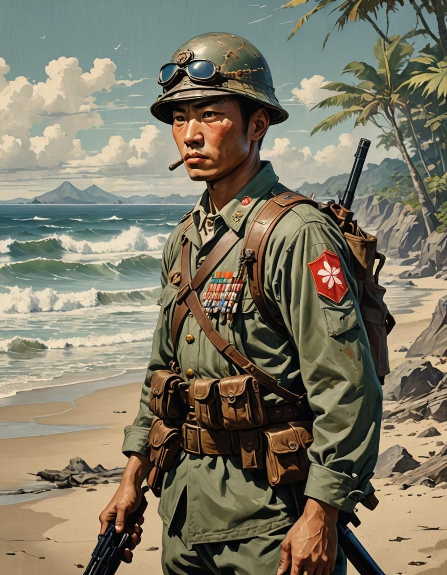 WWII Japanese Soldier on Pacific Beach, Pin-Up Style