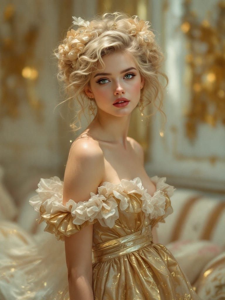 Rococo Pin-Up Woman in Golden Sundress
