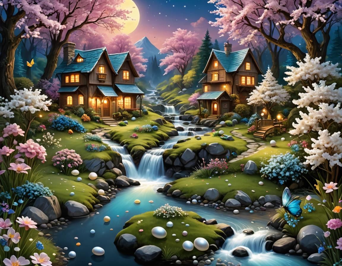 Pearlescent Magical Landscape with Sparkling Stream