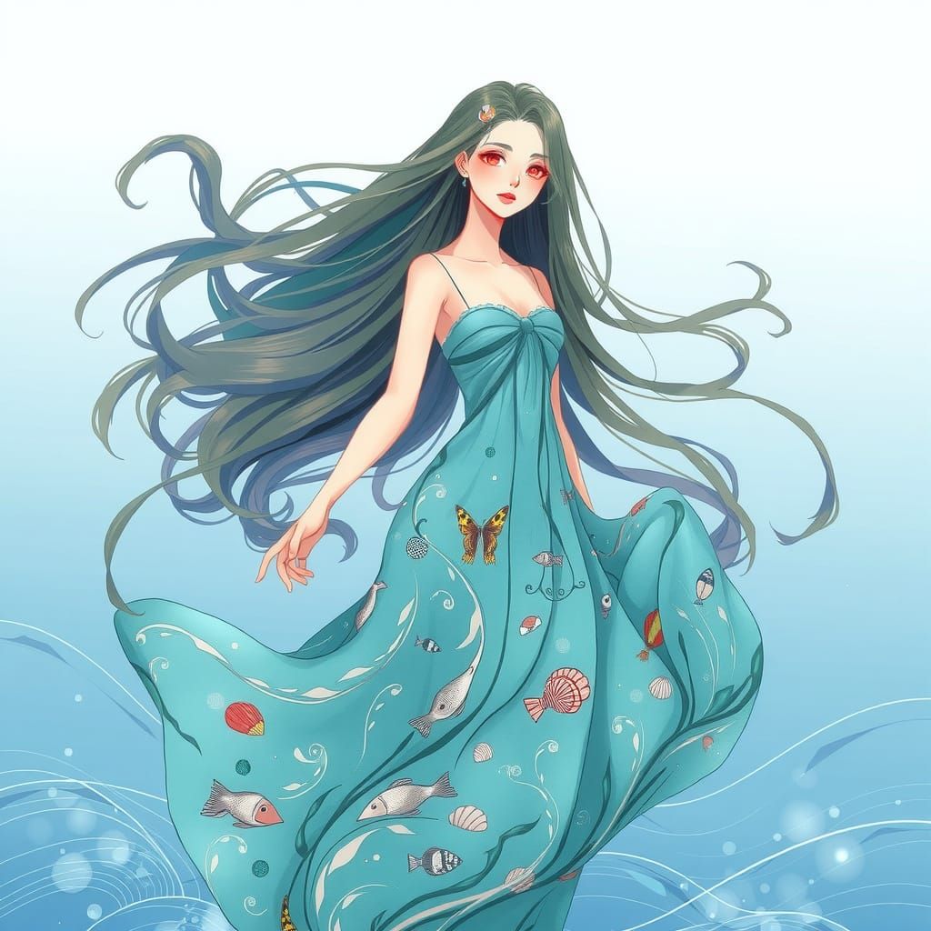 Anime Water Goddess in Aquamarine Attire