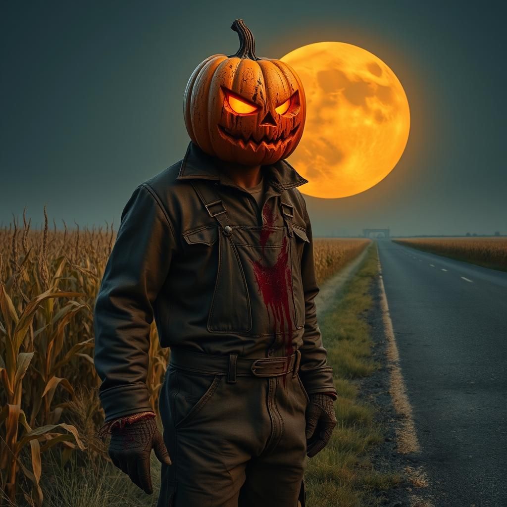 Eerie Jack-o'-Lantern Scarecrow in Cornfield, Dark Art