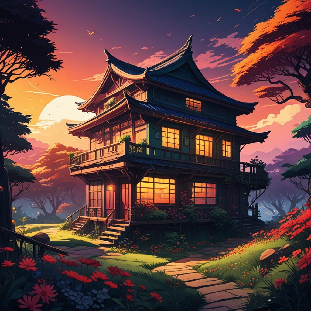 Rotating Cubical House in Vibrant Anime Landscape