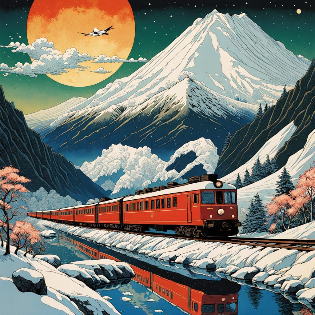 Vivid Snowy Mountain Landscape with Red Steam Train at Sunse...