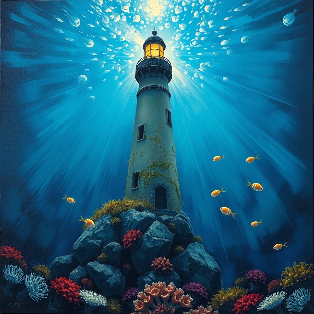 Submerged Lighthouse Radiates Light in Expressionist Style