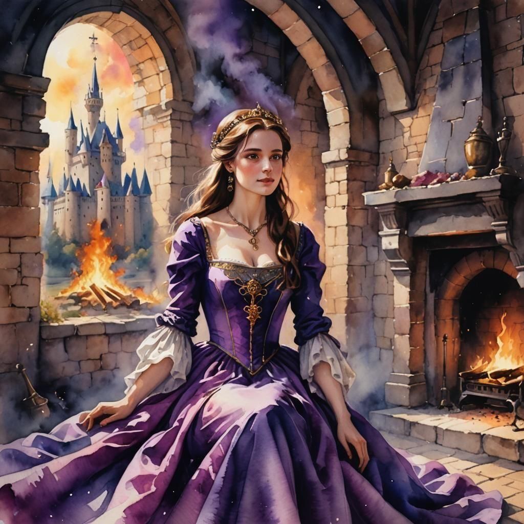 Burning Castle: A Watercolor Portrait of Royal Despair