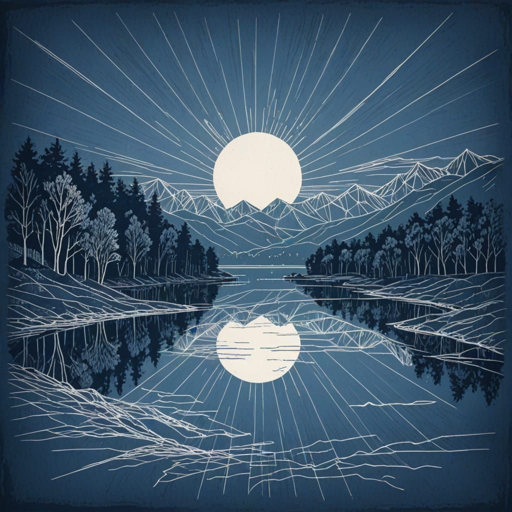 Sunrise Over Crystal Lake: Technical Blueprint Style