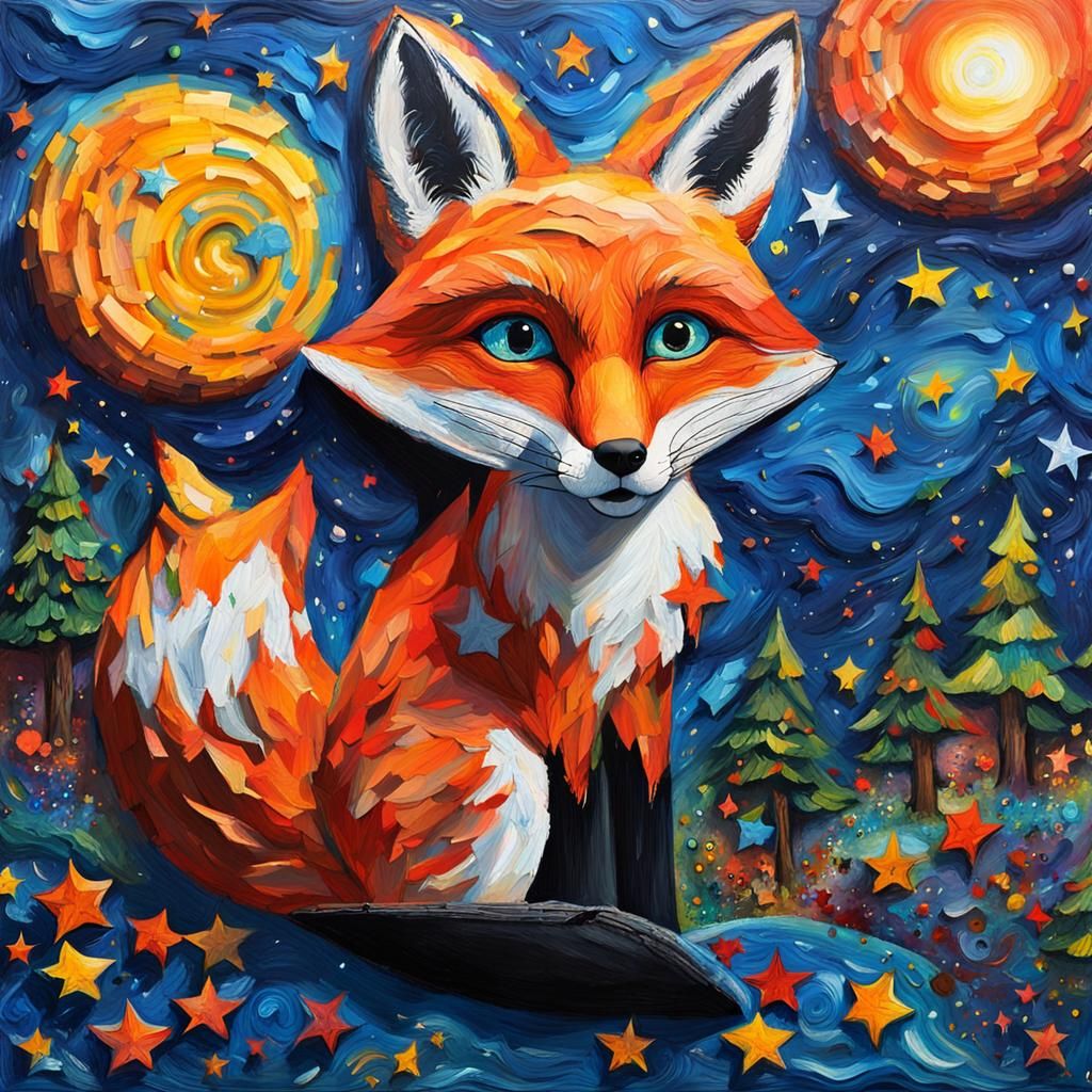 Fox on Azure Wall in Naive Art Style