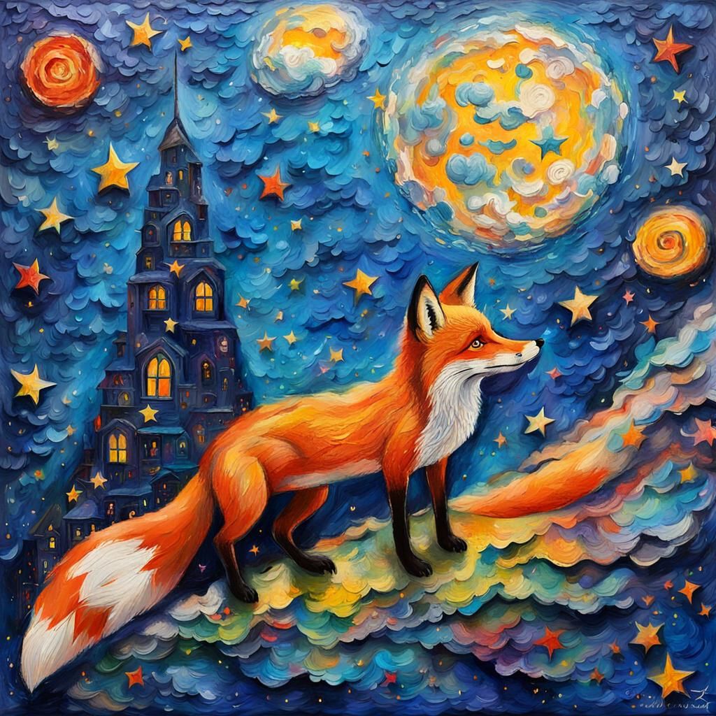 Fox on Azure Wall: Impasto Style Digital Illustration