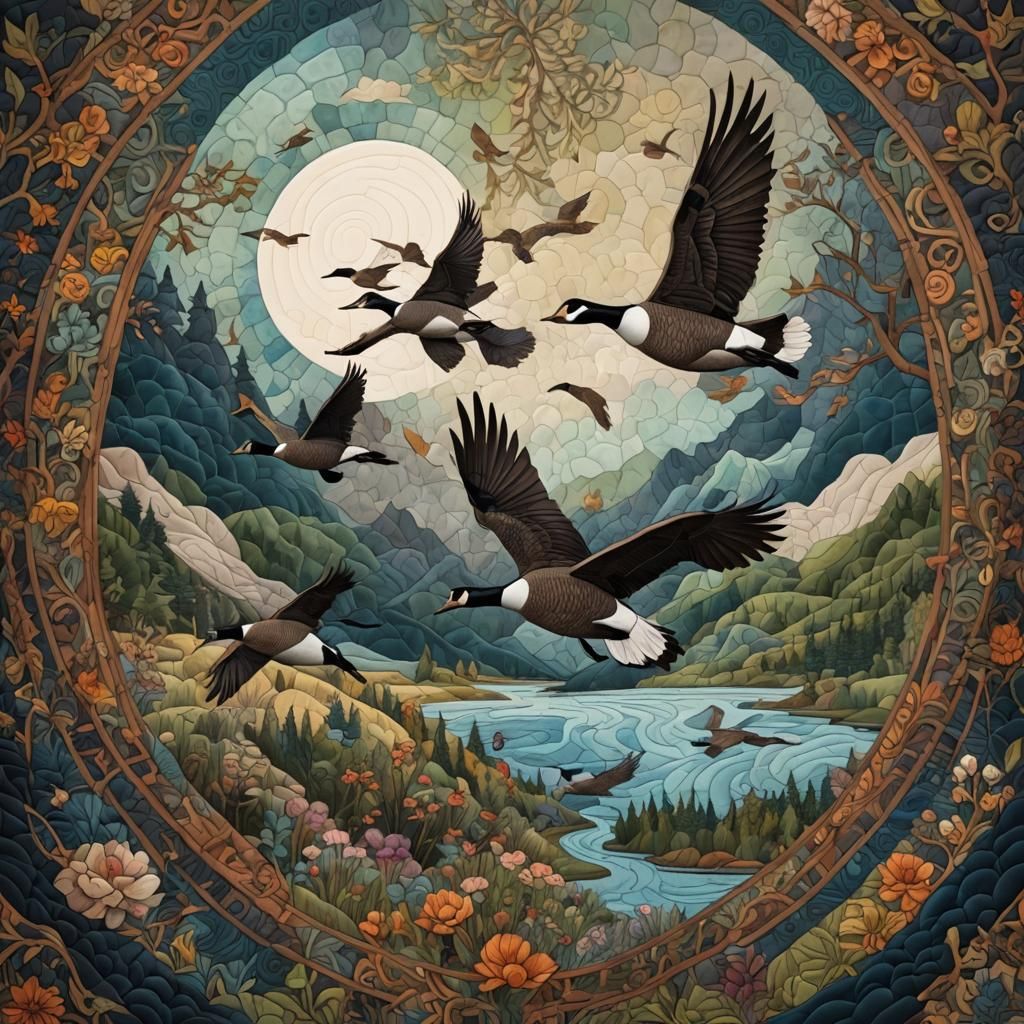 Canada Geese Patchwork Quilt: Detailed Matte Painting