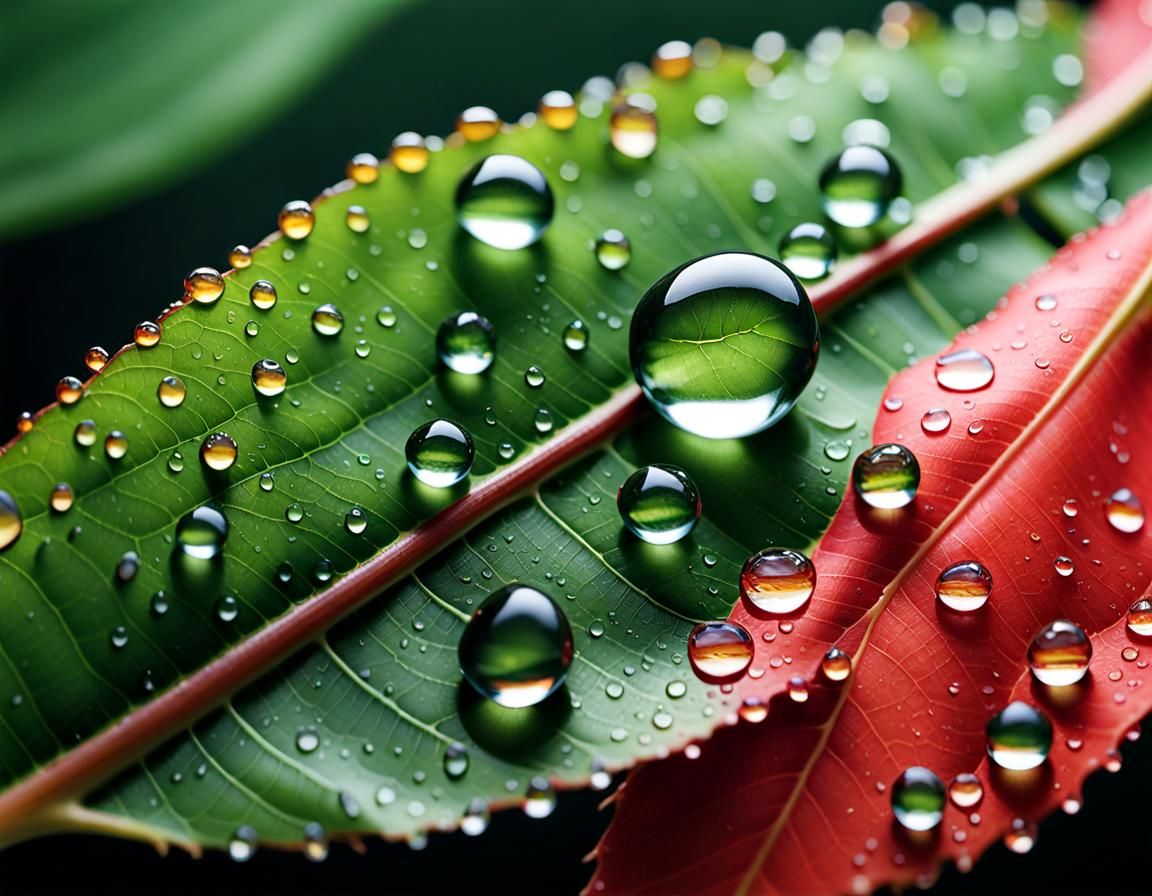 Photorealistic Water Droplets on Leaf in Macro
