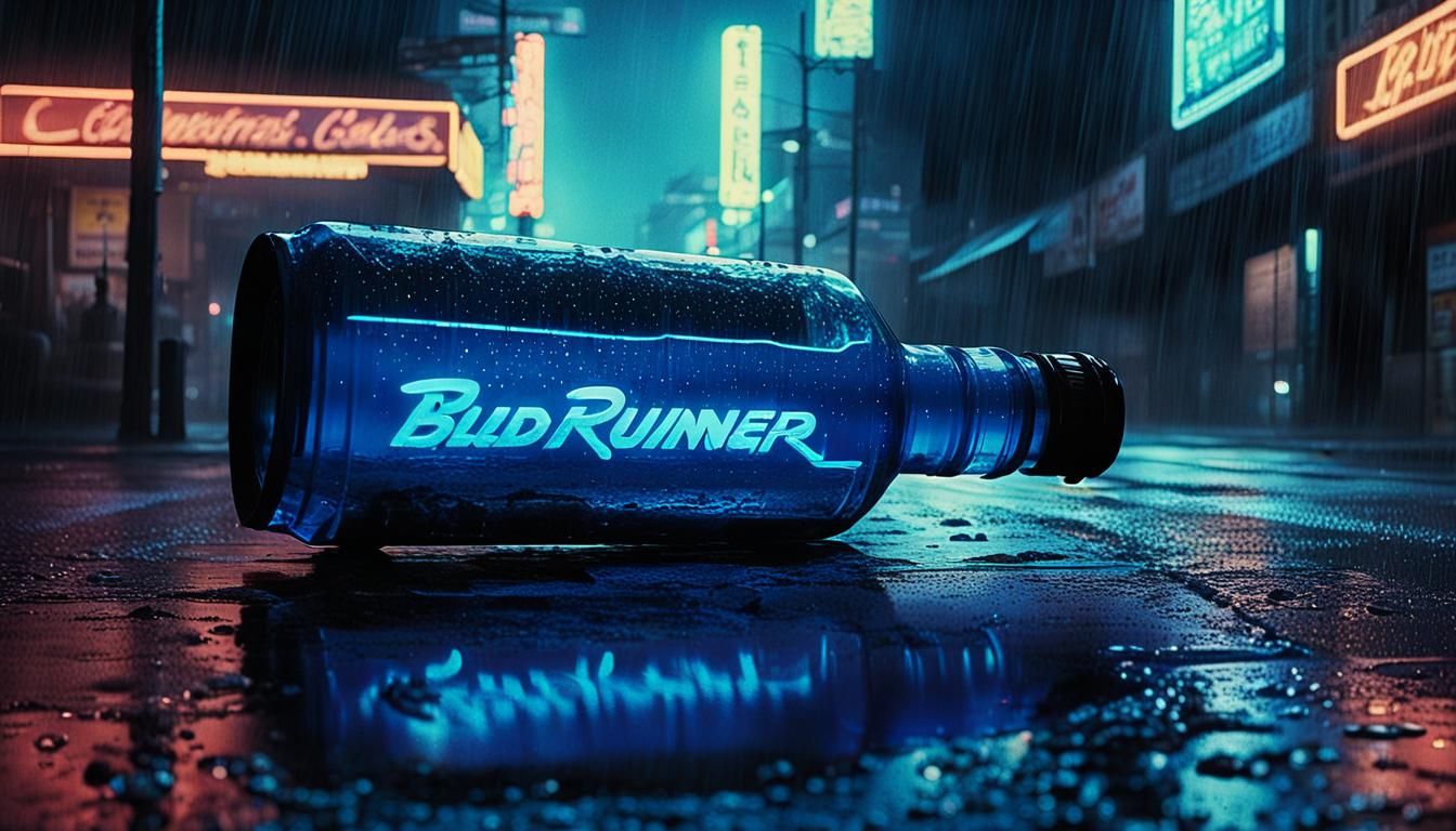 Neon Beverage Bottle in Cyberpunk Cityscape