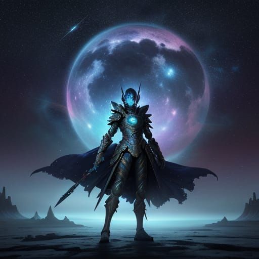 Lone Warrior on Alien Planet Under Nebula Sky