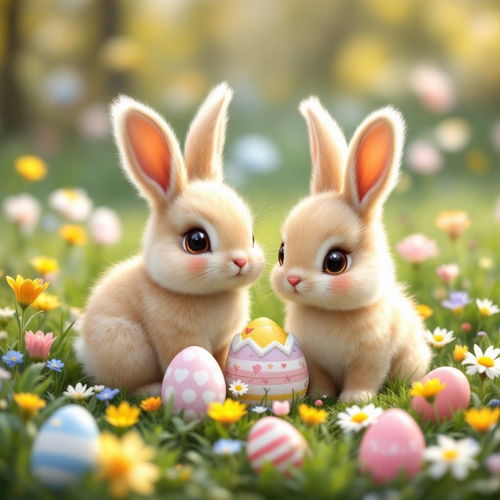 Chibi Bunnies in Vibrant Spring Meadow