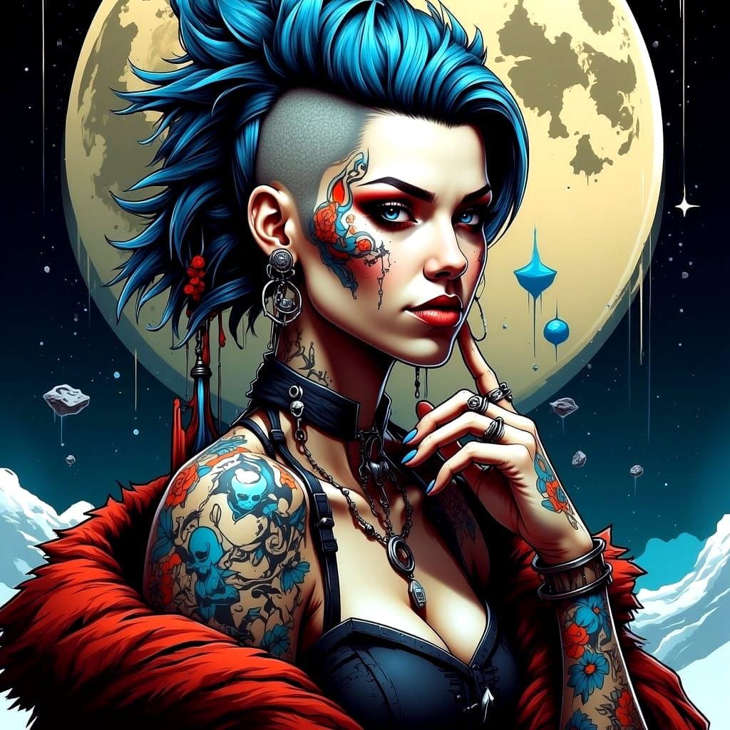 Woman with Face Paint and Moon in Background