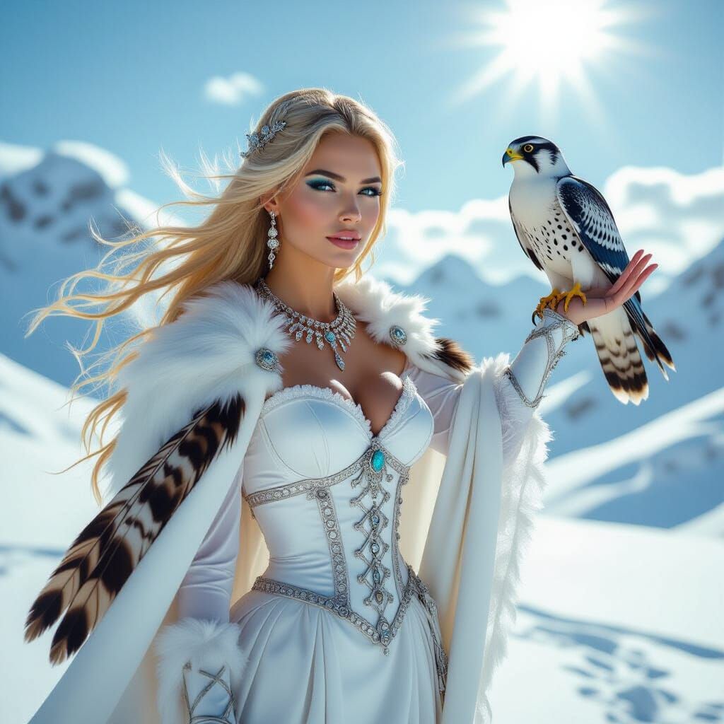 Goddess with Falcon in Snowy Landscape