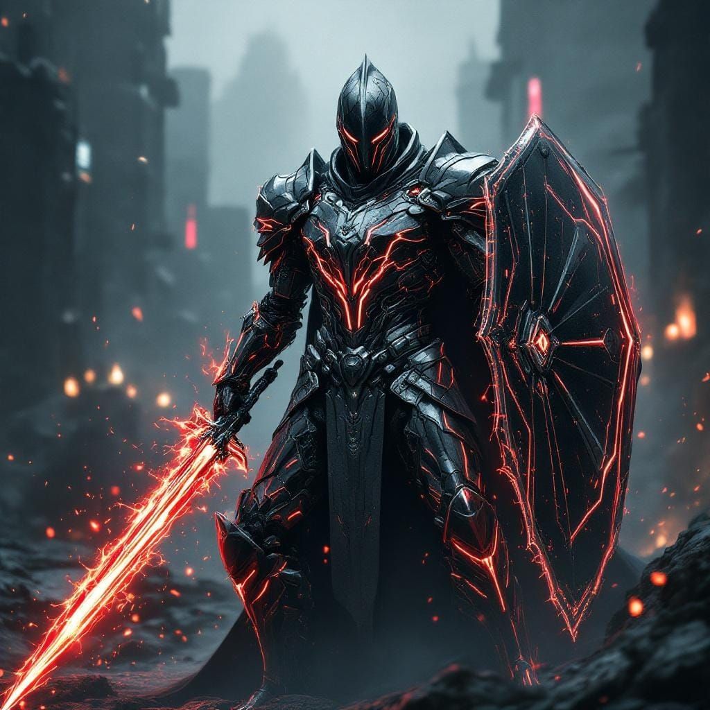 Cyberpunk Knight with Blazing Sword in Moody Cityscape