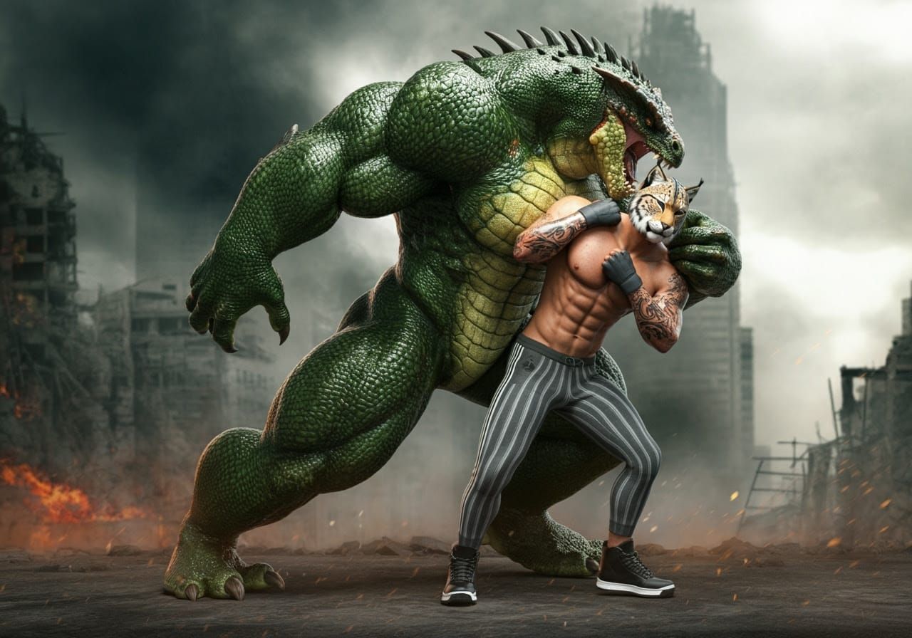 The gargantuan behemoth Kaiju-O, grabbing hold of his oppone...