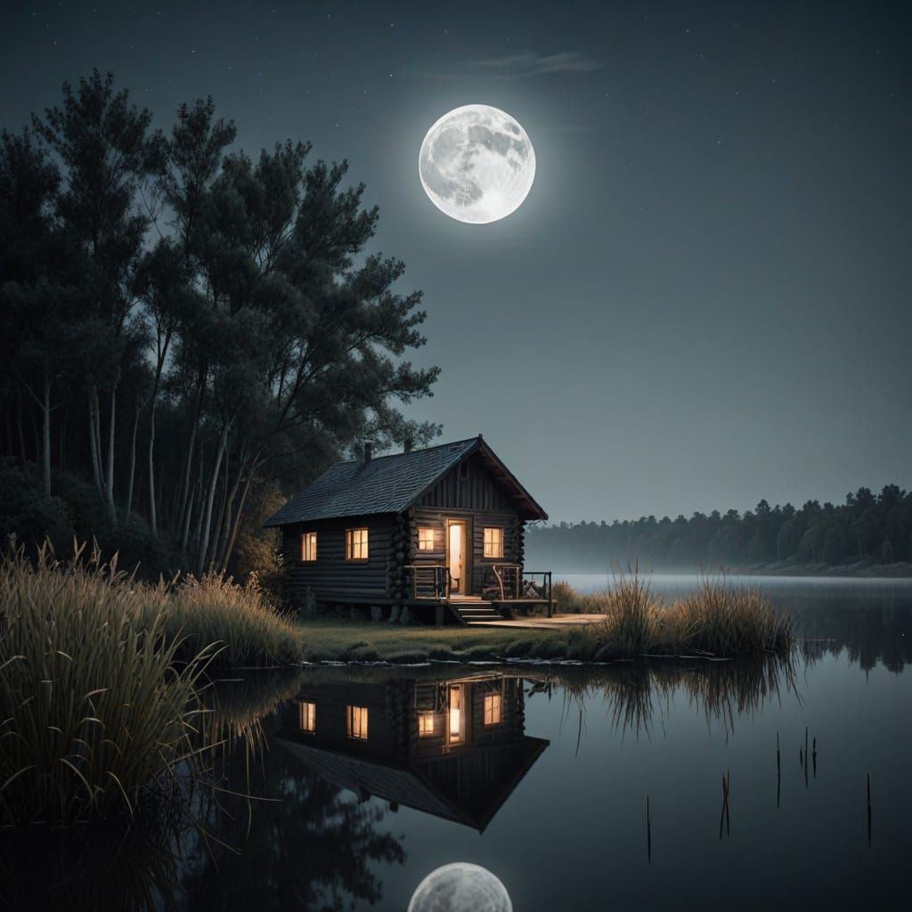 Cabin Under Moonlight: Photorealistic Digital Art