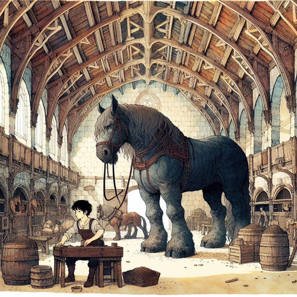 Fantasy Stable Boy Feeds Gentle Giant Beast