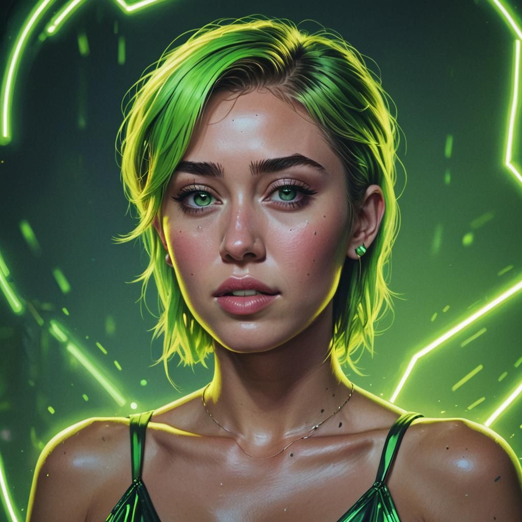 Miley Cyrus Portrait with Neon Green Glow
