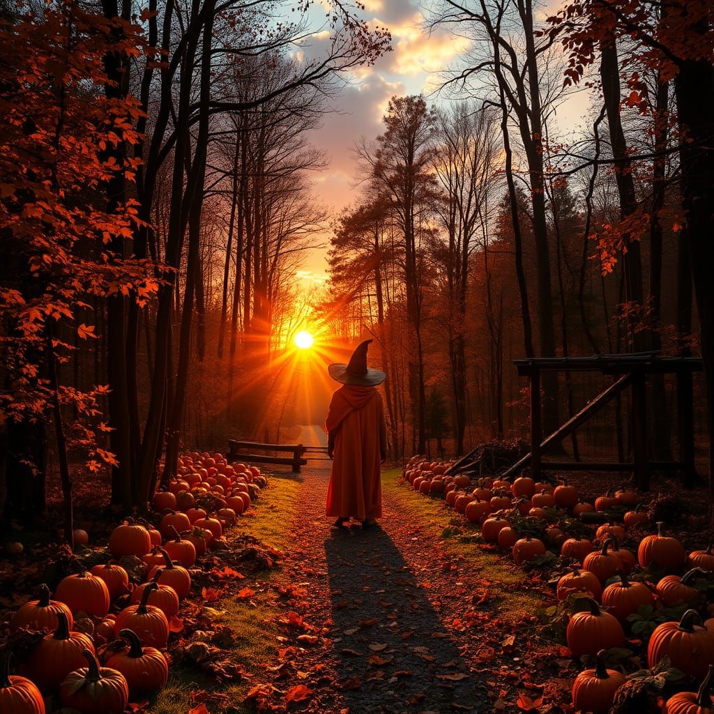 Autumn Forest Path with Witch at Sunset