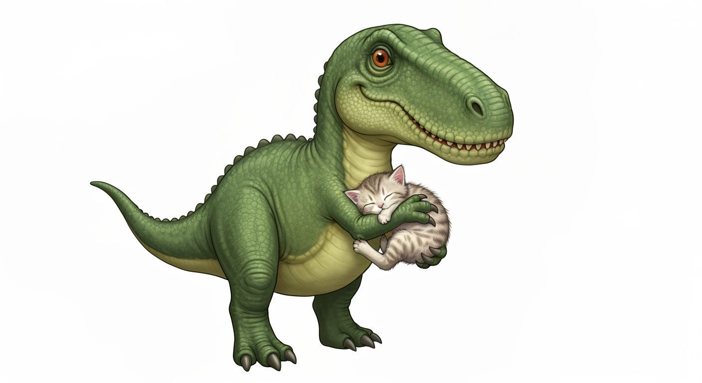 Dinosaur Gently Cradles Sleeping Kitten