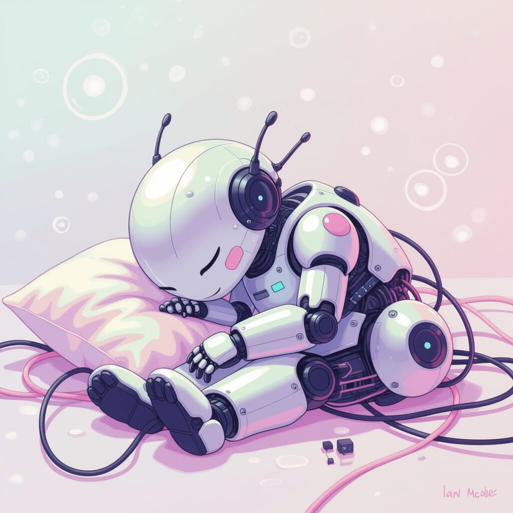 Robot Sleeping Peacefully in Pastel Futuristic Environment
